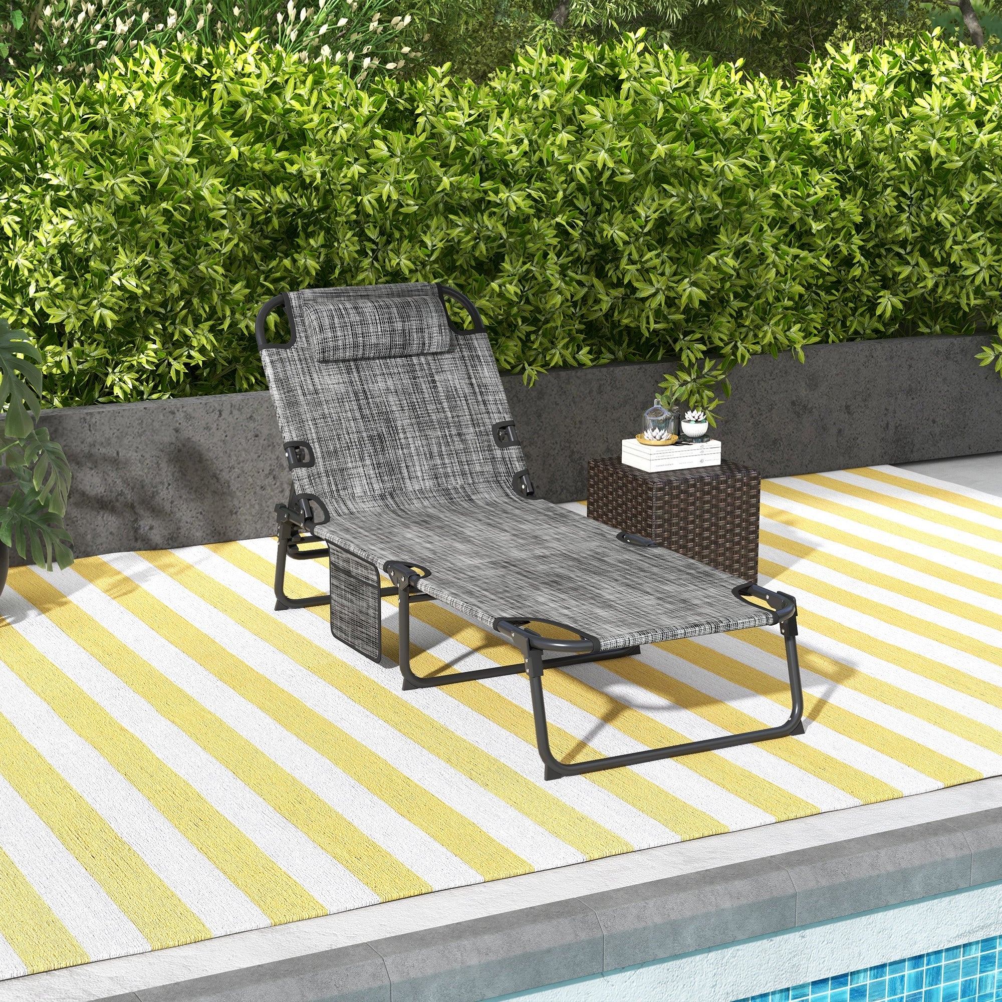 Outsunny Mesh Relaxation: Folding Lounge Chair with Reclining Back, Cushioned Breathable Fabric, Side Pocket, and Headrest, Grey