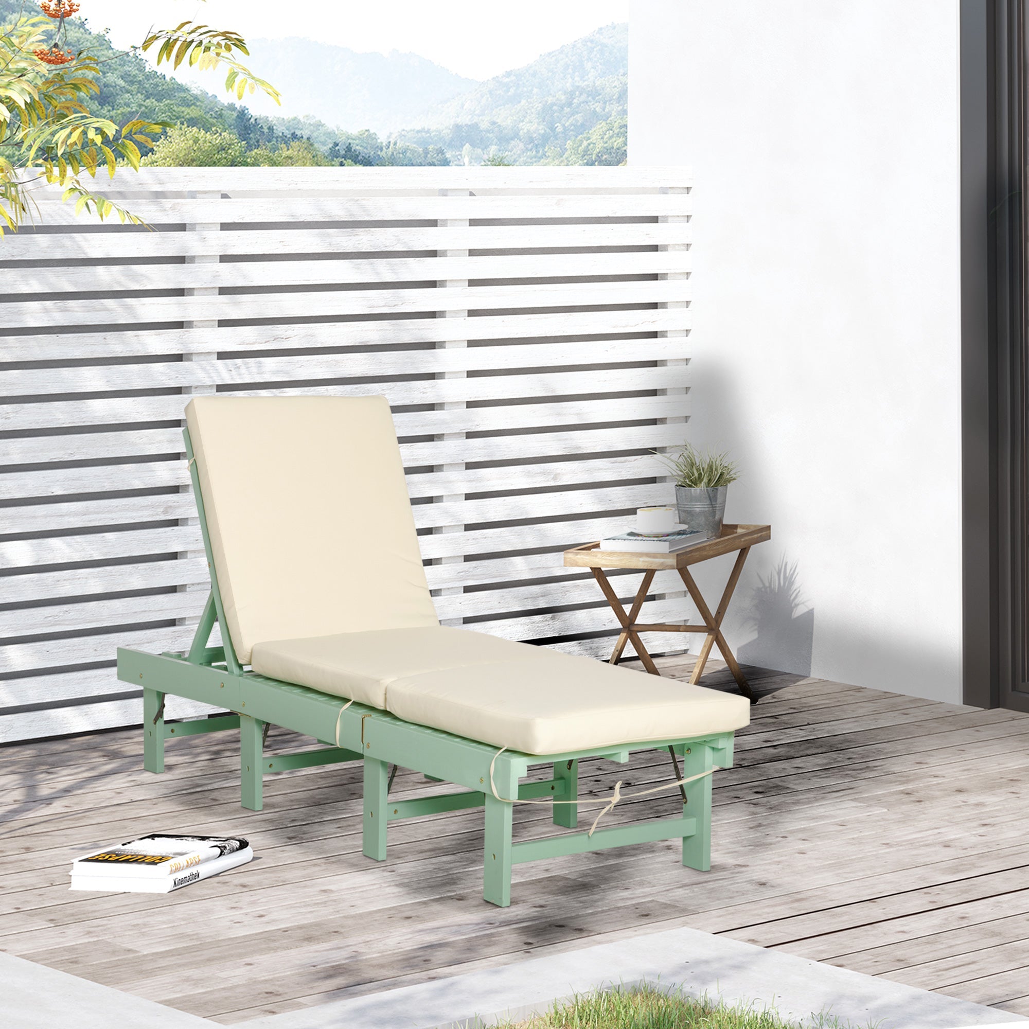 Outsunny Outdoor Sun Lounger Wooden Garden Reclining Chair 4 Adjustable Back Soft Cushion Green