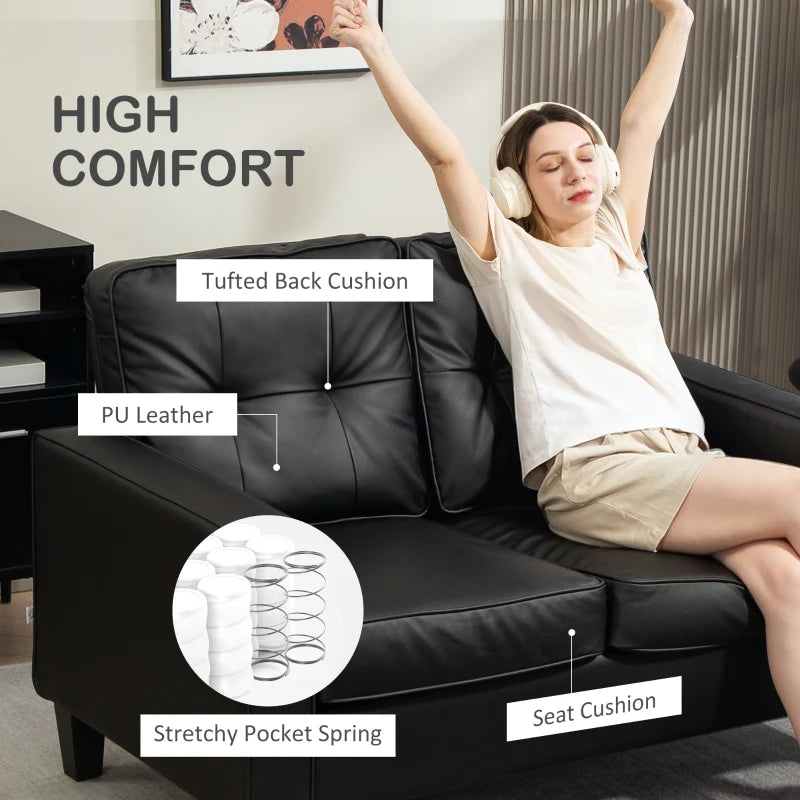 51" Double Sofa Couch, Upholstered PU Leather Loveseat with Armrests, Tufted Backrest, Cushion, Black