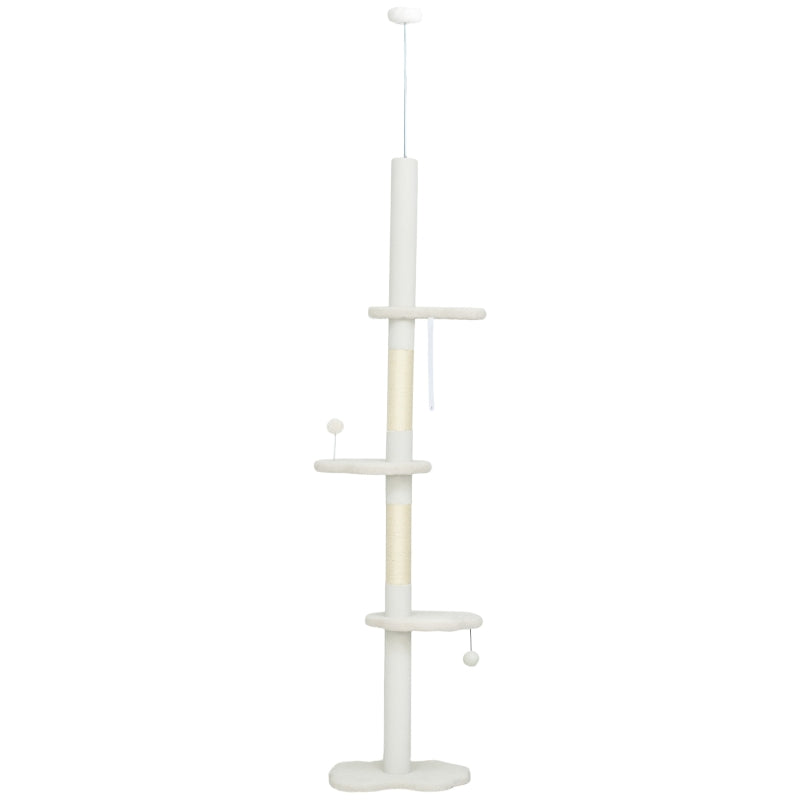 88.5"-100.5" Floor to Ceiling Cat Tree, Cat Tower with Scratching Posts, Cloud Shaped Platforms, Dangling Balls, Cream