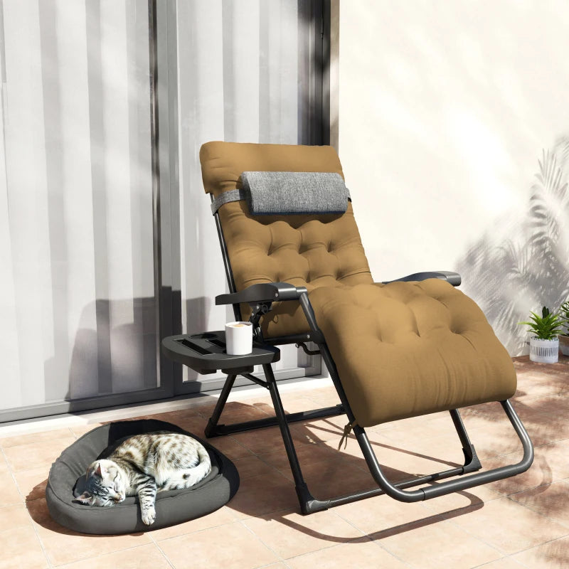 Padded Folding Recliner Chair, Patio Lounger with Cupholder, Adjustable Backrest, Removable Cushion, Light Khaki