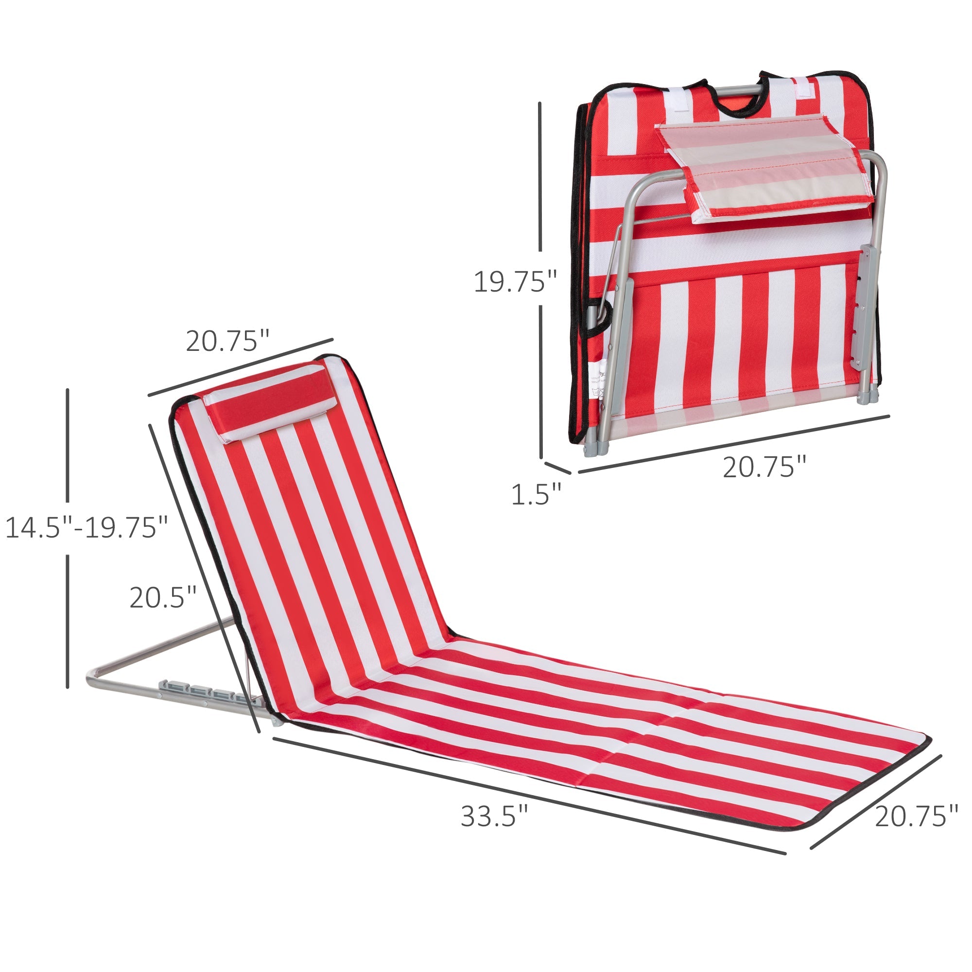 Outsunny Beach Mat Set of 2 Padded Folding Red White Adjustable Back Steel Frame Head Pillow
