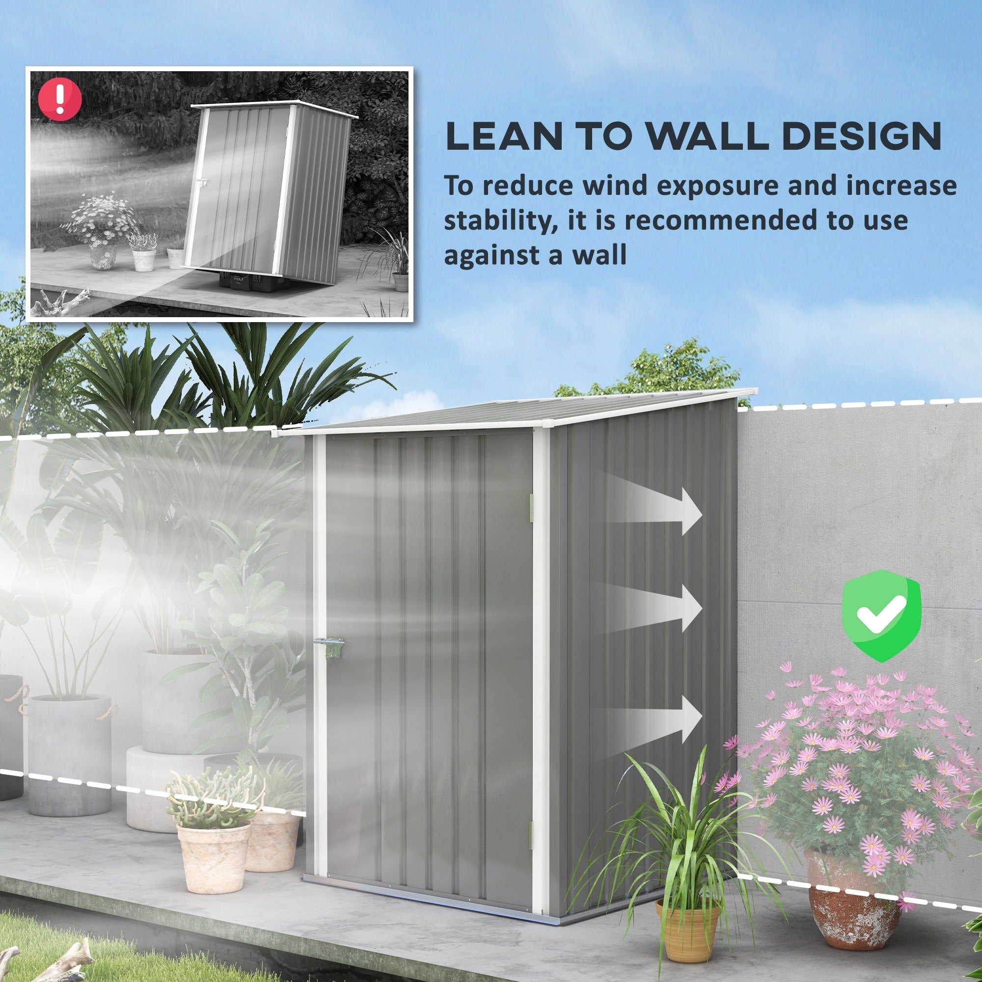 Outsunny Lean-to Garden Shed 3.3'x3.4' Secure Outdoor Steel Storage with Lockable Door Ideal for Patio Tools - Grey