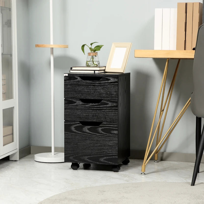 Vertical Filing Cabinet, 3 Drawer Mobile File Cabinet, Under Desk Office Storage Cabinet with Wheels, Black Wood Grain