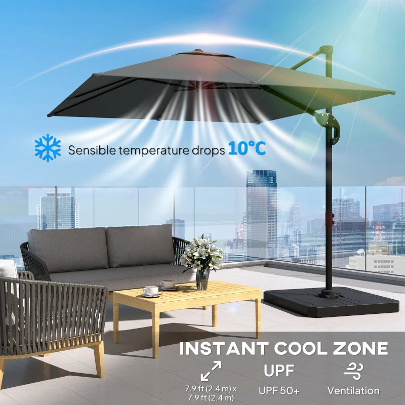8' x 8' Offset Cantilever Patio Umbrella with Base Weights, UPF50+ Cantilever Parasol with 360° Rotation, Dark Grey
