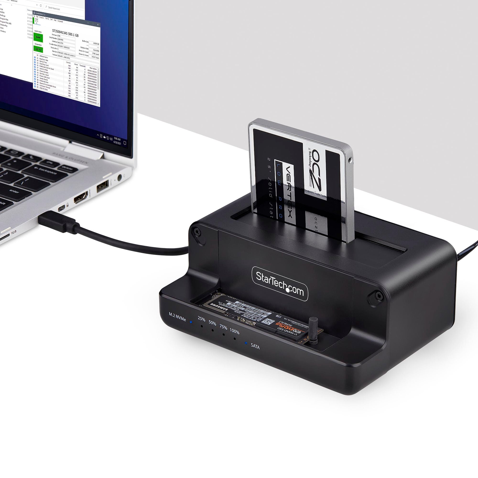 M.2 NVMe to 2.5/3.5" SATA Drive Duplicator, Dual Bay Standalone SSD Cloner/Drive Dock, Bidirectional NVMe to SATA / SATA to NVMe, Up to 27GBpm, TAA