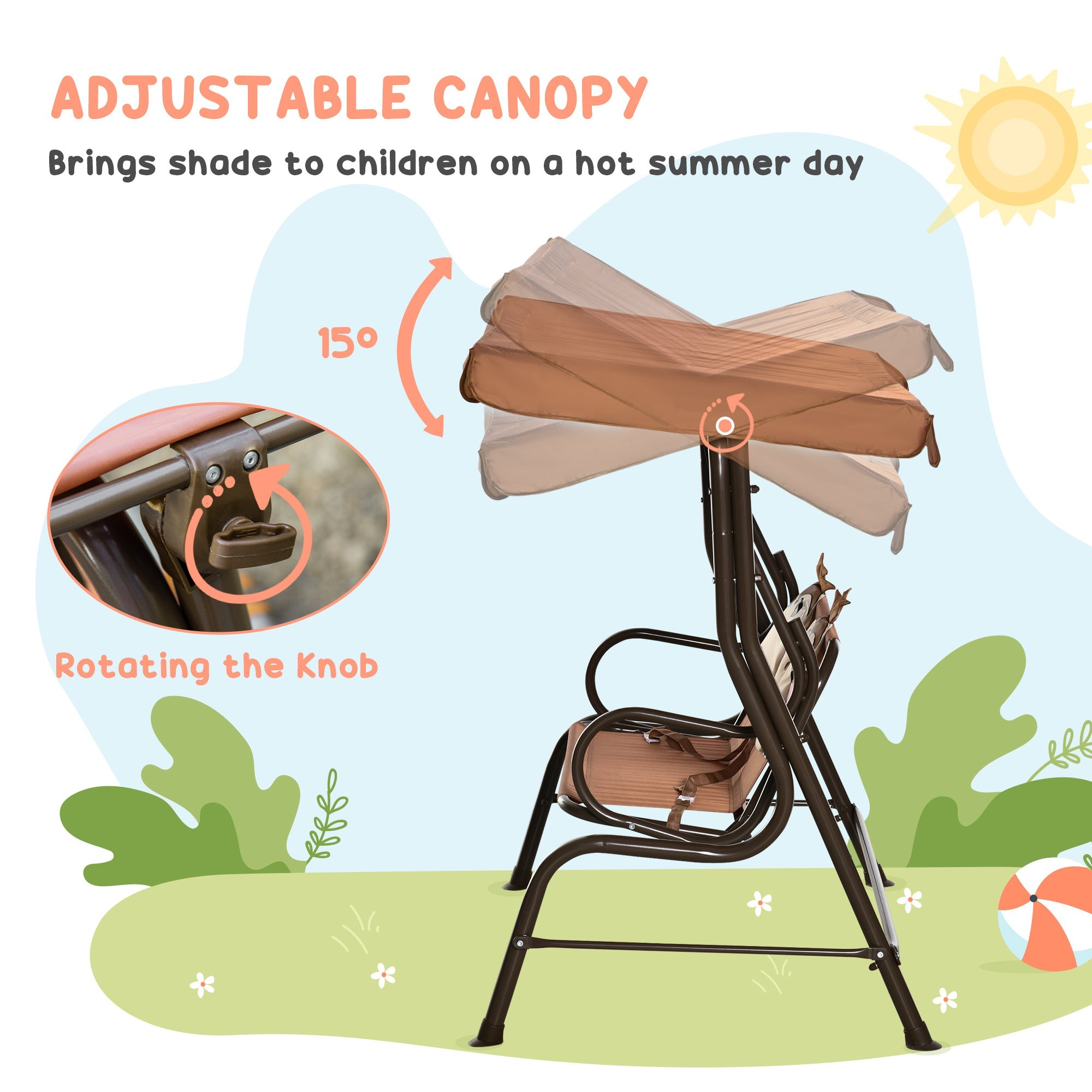 Outsunny 2-Seat Kid Swing with Adjustable Canopy Coffee Outdoor Patio Lounge Chair for Garden Porch