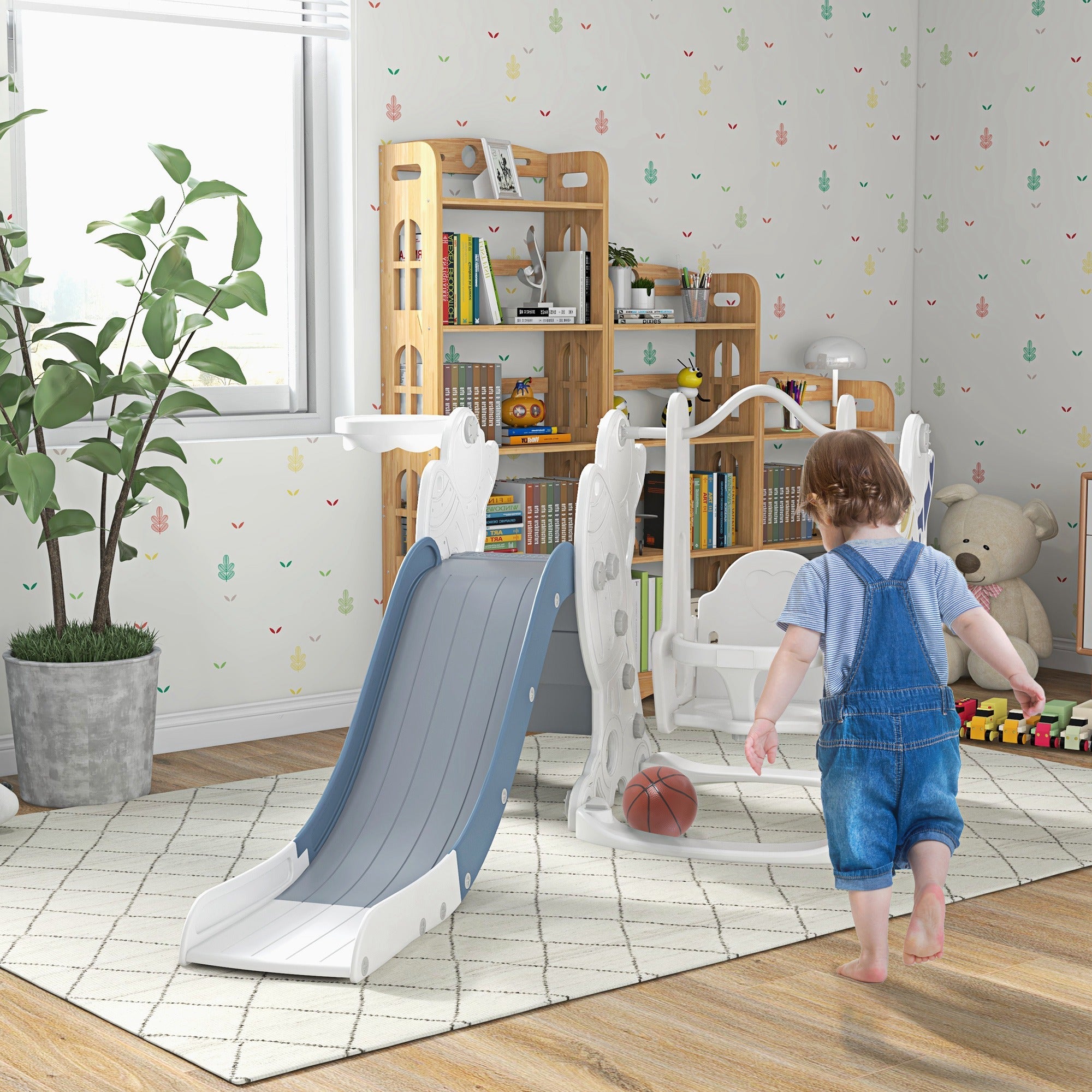 Qaba Galactic Playtime: 3 in 1 Toddler Swing Slide Set with Basketball Hoop, Indoor Playground Space Theme, White Blue Finish