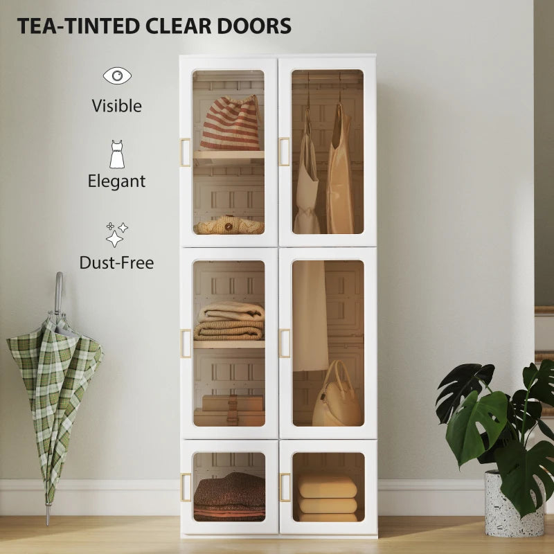 Portable Wardrobe, Foldable Plastic Closet with 6 Compartments, Hanging Rod and Magnetic Doors, White