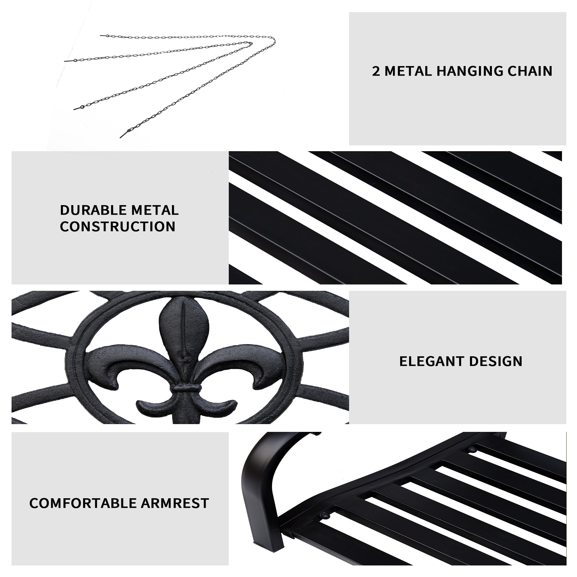 Outsunny Porch Swing: 2-Person Glider Chair Fleur De Lis Design Steel Frame Black