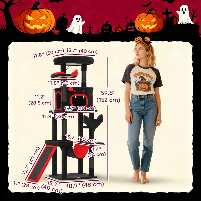 Gothic Cat Tree, 60" Tall Cat Tower with Coffin Bed, Sisal Scratching Posts & Ramp, Condo, Hammock, Perches, Black