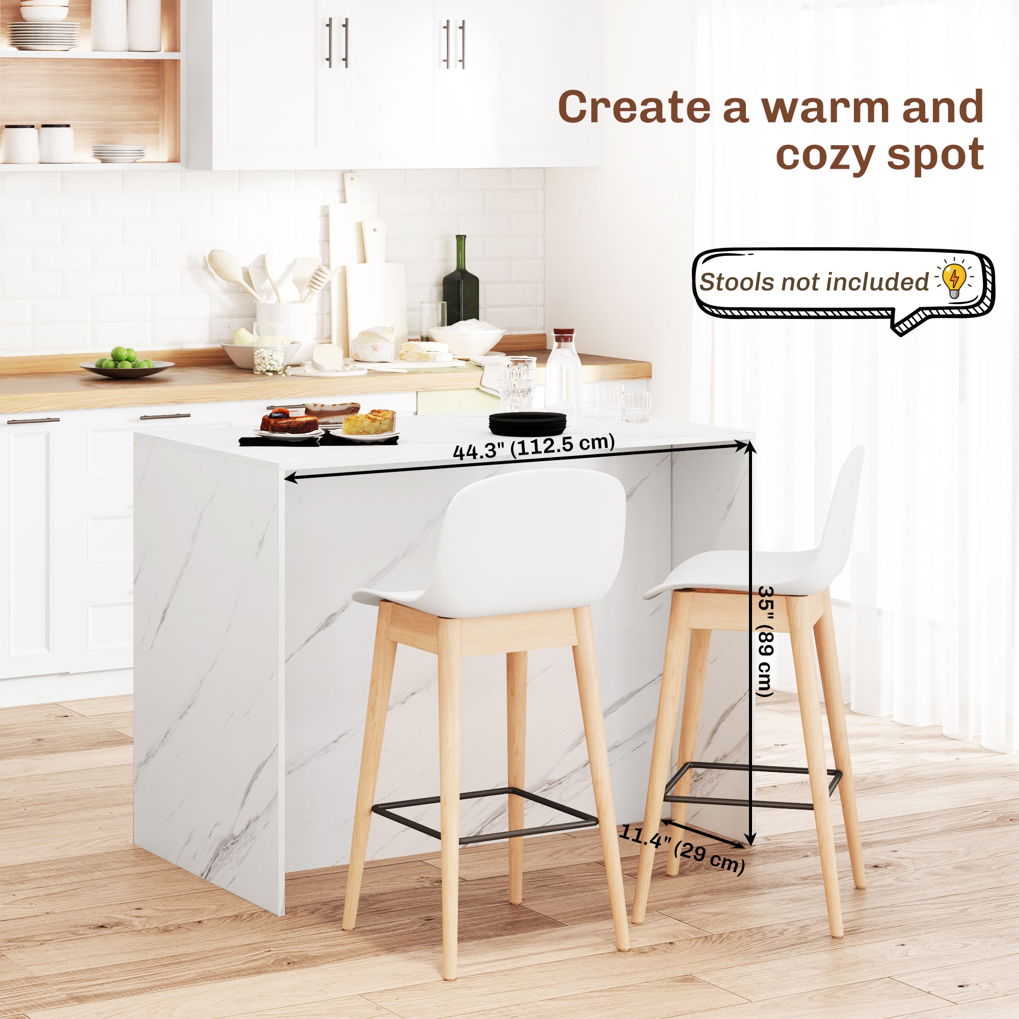 HOMCOM Kitchen Island with Storage Cabinet, 4 Drawers and Adjustable Shelf for Dining Room, Faux Marble Effect and White