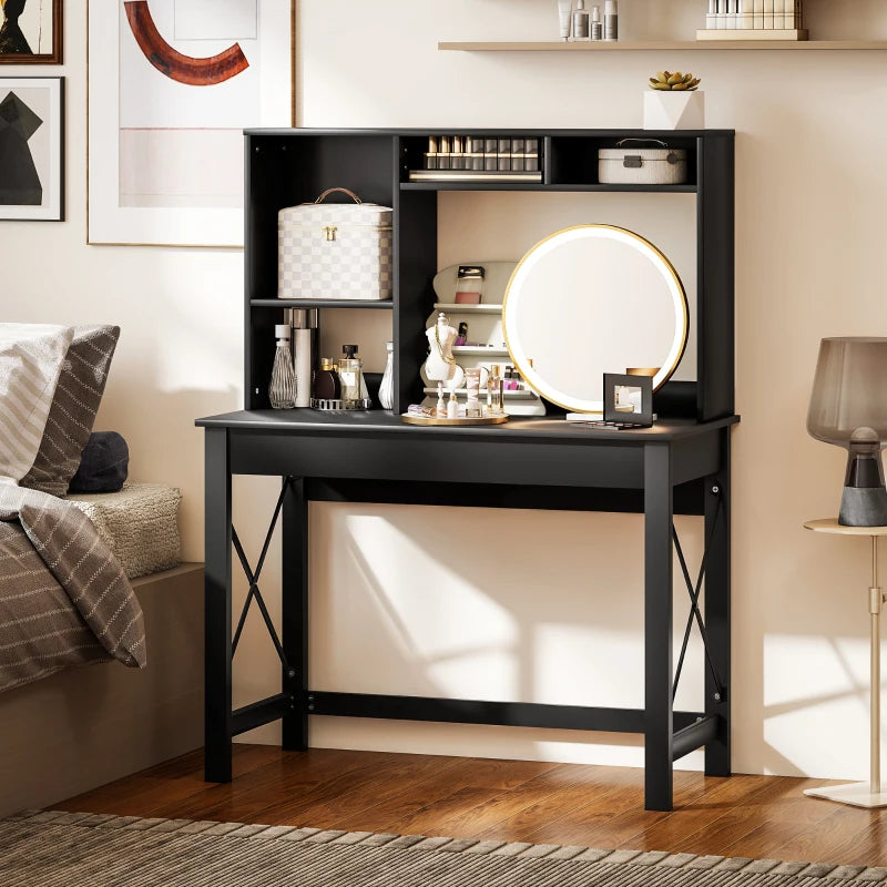 Computer Desk with Hutch, Home Office Table with Storage Shelves and Open Compartments for Writing, Work, Black