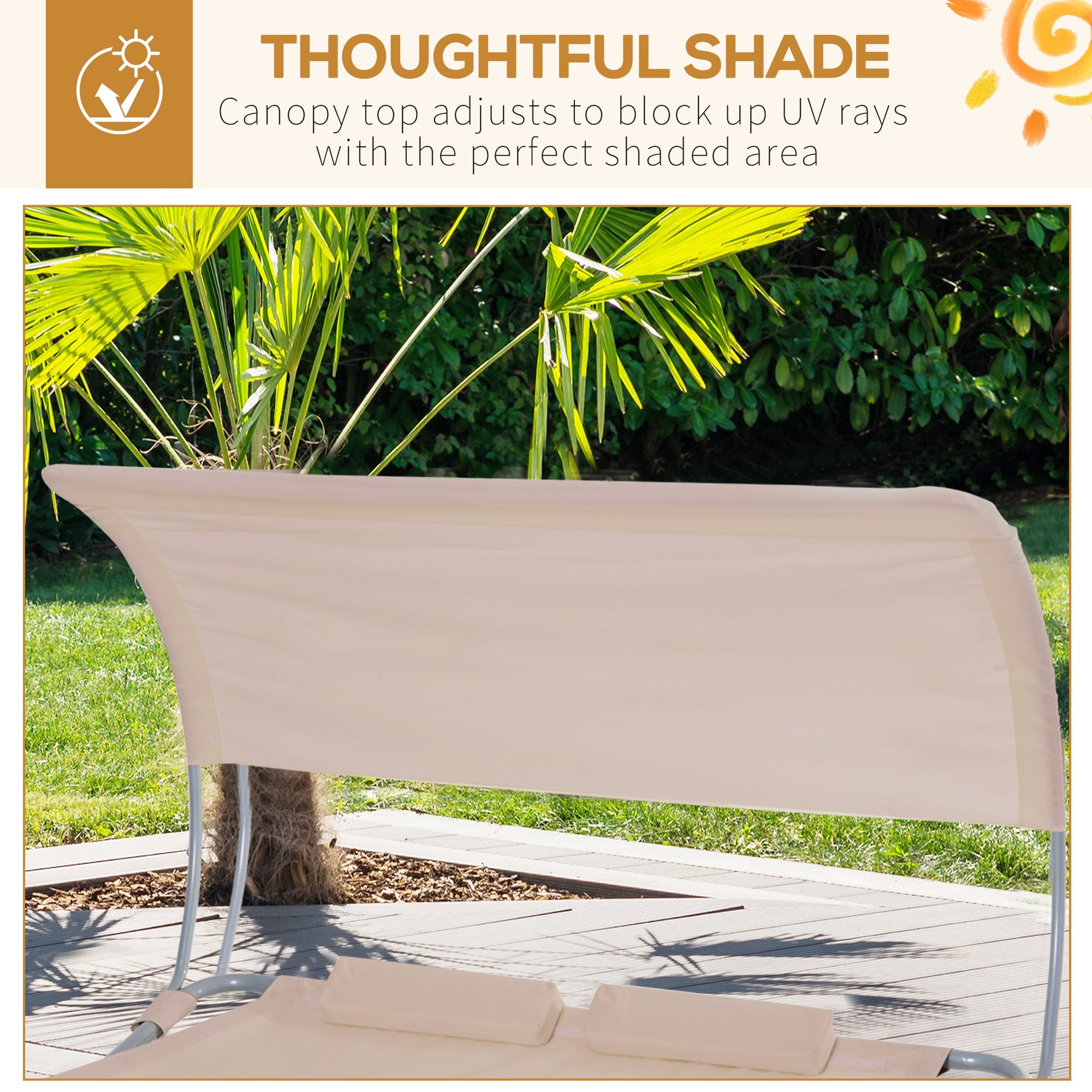 Outsunny 79" Double Chaise Lounge Outdoor with Canopy, Hammock Bed with Pillow & Wheels, Luxurious Sand Color