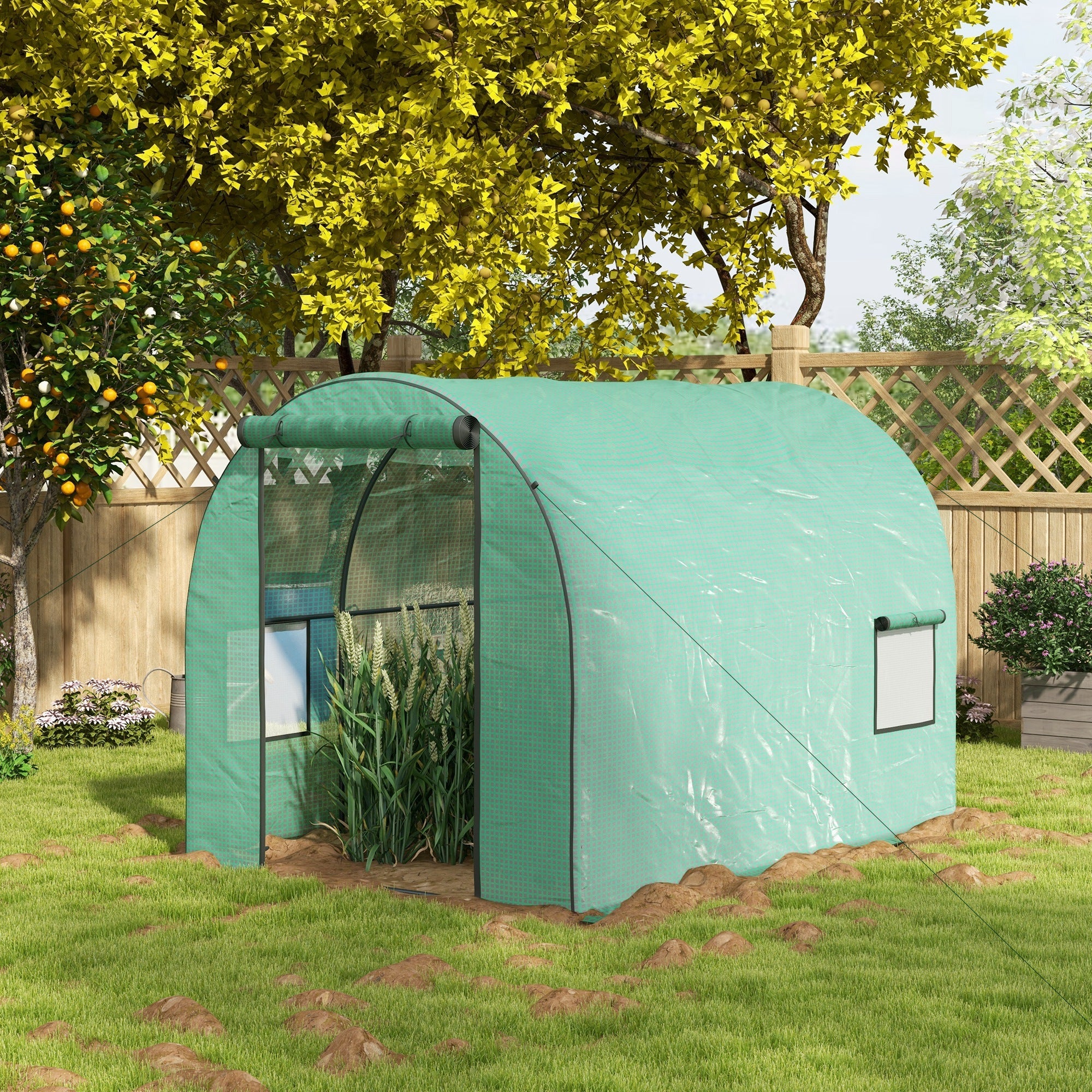 Outsunny Polytunnel Grow Haven: 6.6x10x6.6FT Walk-In Grow House with Plastic Cover, Door Mesh Window Steel Frame