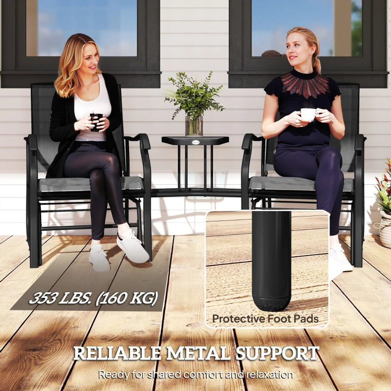 Double Patio Glider Chair with Glass Top Center Table, Outdoor Glider Loveseat with High Back, All Weather Breathable Mesh Fabric for Garden, Backyard, Deck, Black