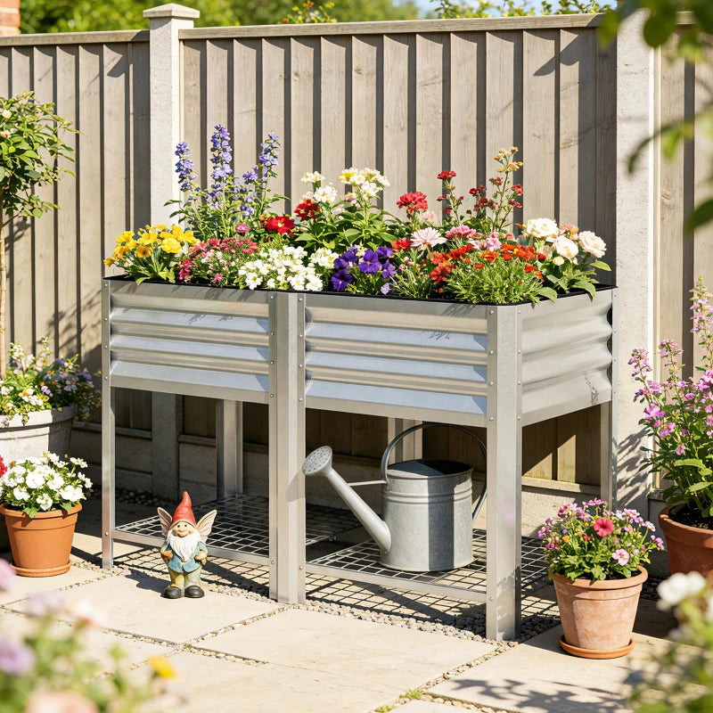 Raised Garden Bed with Legs Storage Shelf Elevated Planter Box 31.5" for Flowers Vegetables Silver