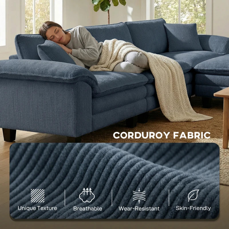 HOMCOM L-Shaped Sectional Sofa with Deep Seats, Movable Ottoman & Pillow-Top Armrests, Contemporary Corduroy Couch – Blue