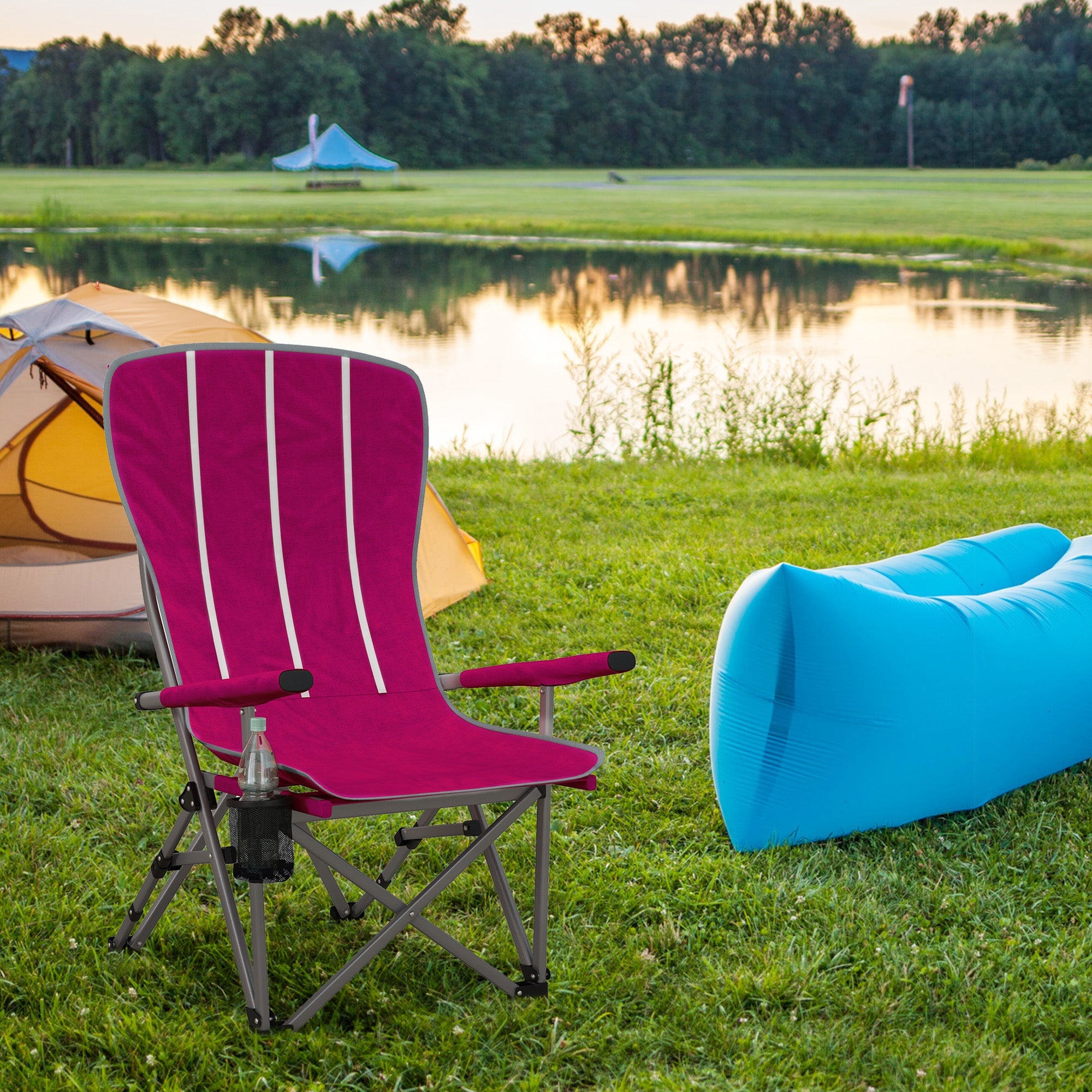 Outsunny Portable Folding Chair for Camping, Compact Beach Chair with Storage Pocket & Cup Holder for Picnic, Hiking