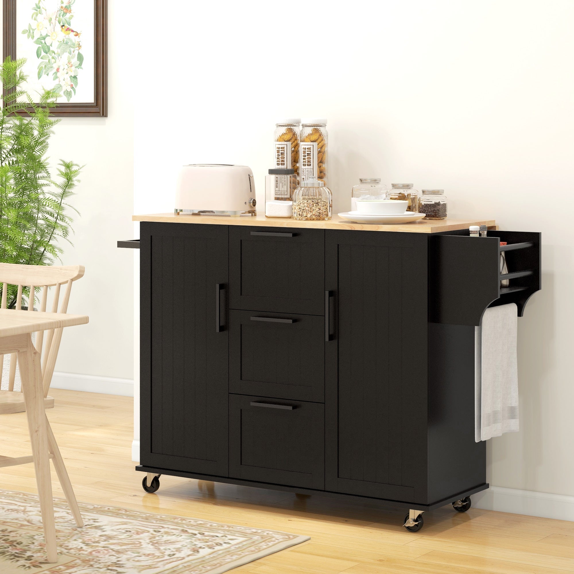 HOMCOM Rolling Kitchen Cart on Wheels with Drop Leaf, Kitchen Island with 3 Drawers, Solid Wood Top and Towel Rack, Black