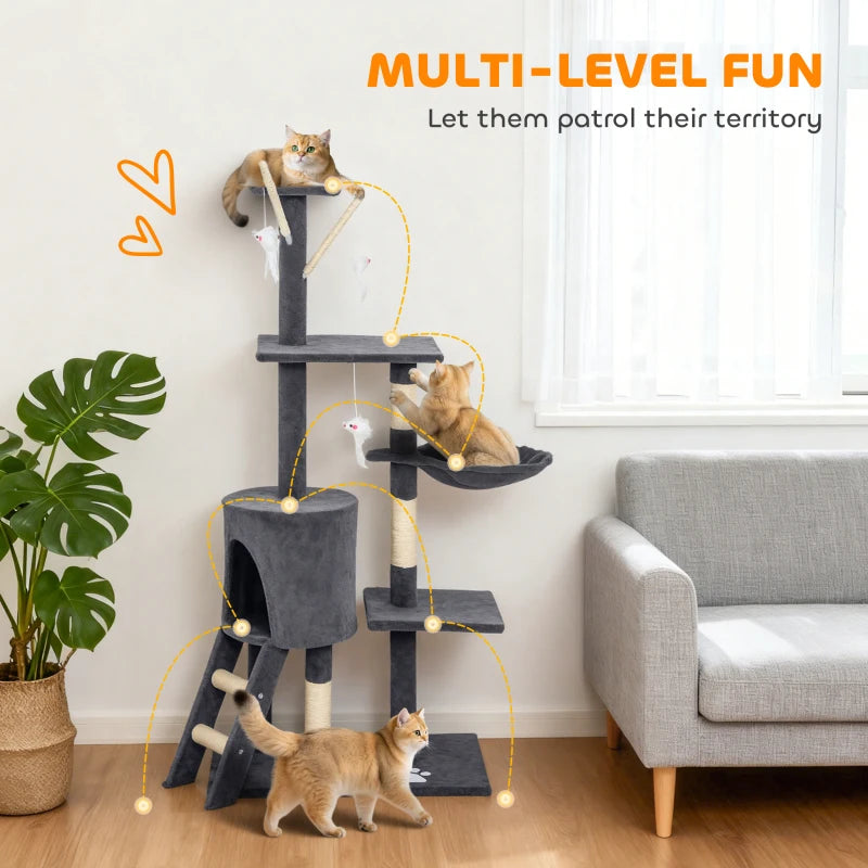53" Cat Tree Tower, Kitten Activity Centre with Scratching Posts, Condo, Perches, Ladder, Hammock, Dangling Toys, Dark Grey