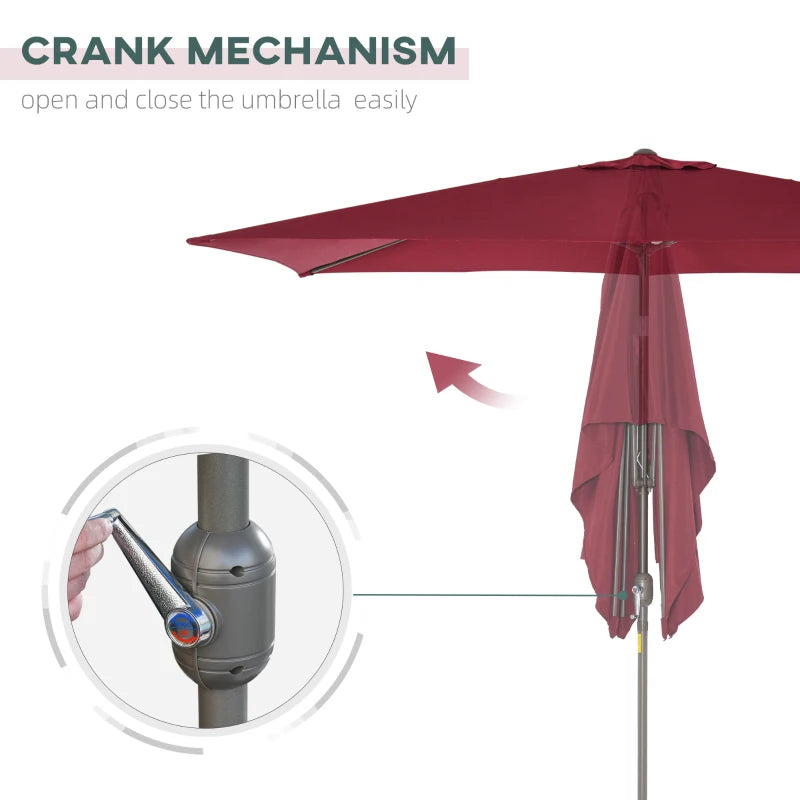 6.5x10ft Patio Umbrella, Rectangle Market Umbrella with Aluminum Frame and Crank Handle, Garden Parasol Outdoor Sunshade Canopy, Wine Red