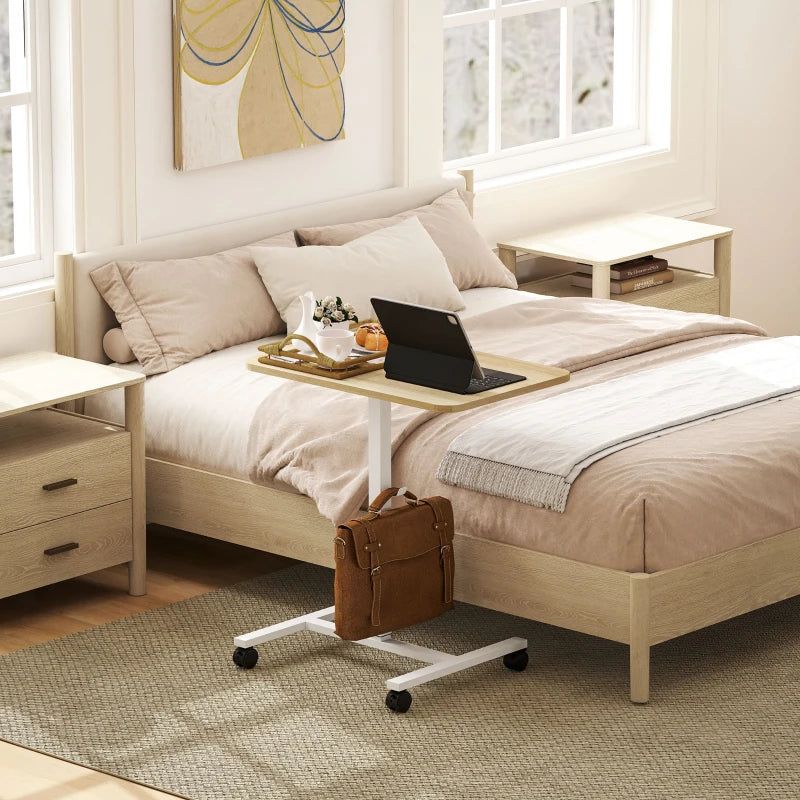 Height Adjustable Standing Desk, Pneumatic Sit Stand Desk with Wheels and Headphone Hook, Natural Wood Grain