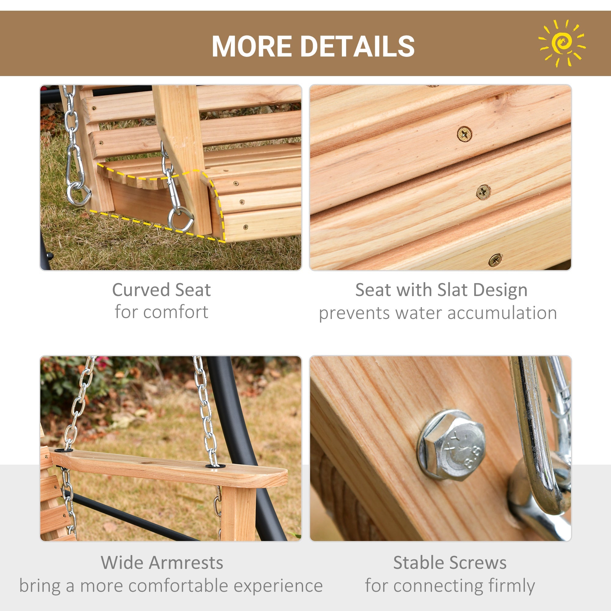 Outsunny 3-Seater Patio Swing Chair with Foldable Table & Cup Holders, Durable Wood Porch Swing, Steel Chains, Natural Finish