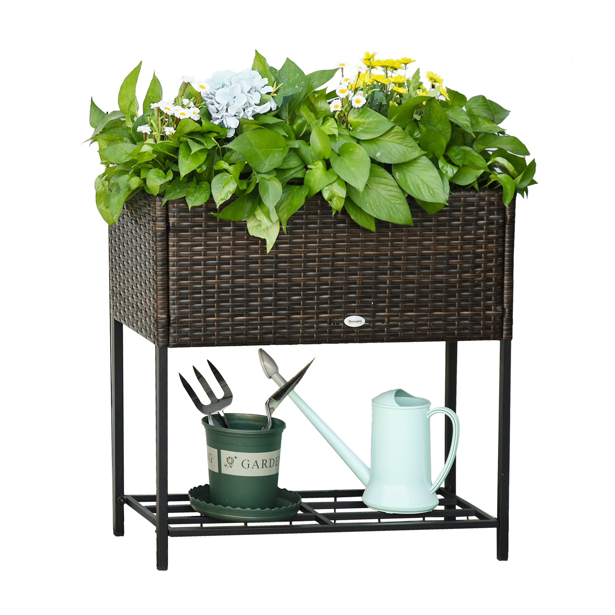 Outsunny Elevated Metal Garden Bed with Rattan Wicker Look & Tool Storage, Modern Raised Planter for Outdoor Gardening, Brown