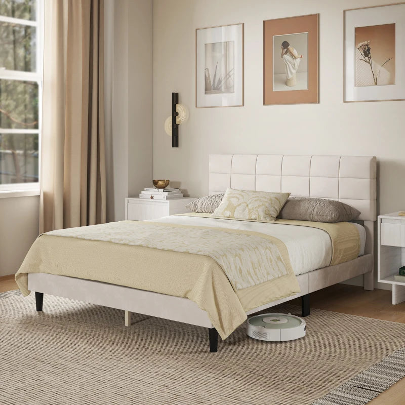 Queen Size Bed Frame with Upholstered Headboard, Modern Platform Bed Frame with Wood Slats, 1100 lbs Capacity, Cream