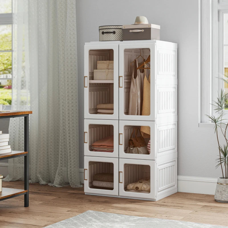 Portable Wardrobe, Foldable Plastic Closet with 5 Compartments, Hanging Rod and Magnetic Doors, White