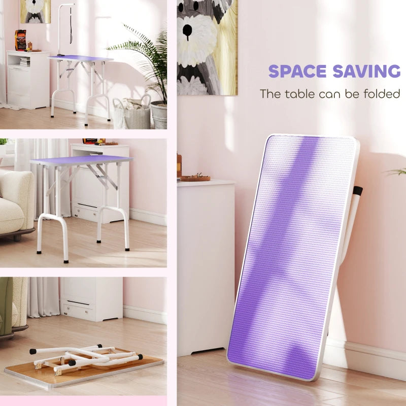 Foldable Pet Grooming Table for Dogs Cats with Adjustable Arm, Non-slip Surface, Purple