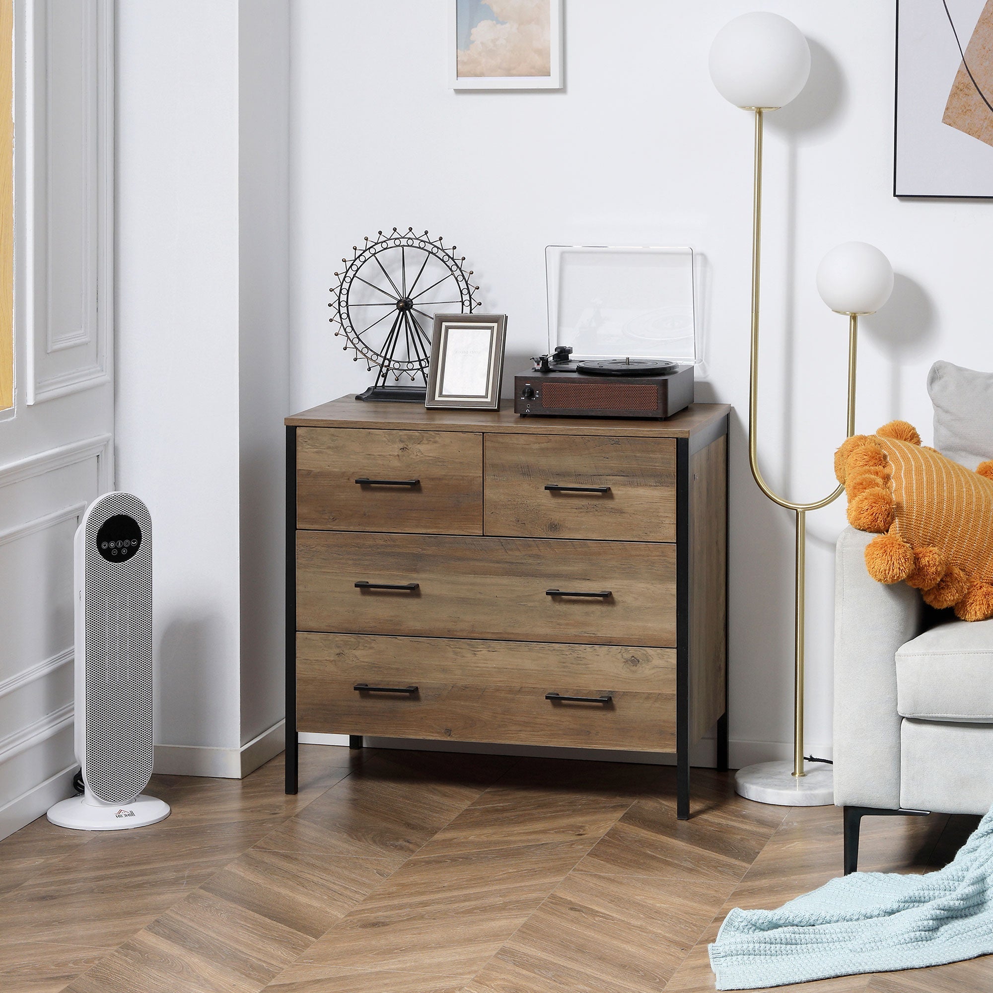 HOMCOM Rustic 4 Drawer Dresser with Metal Frame Handles Chest of Drawers for Living Room Bedroom Storage Brown