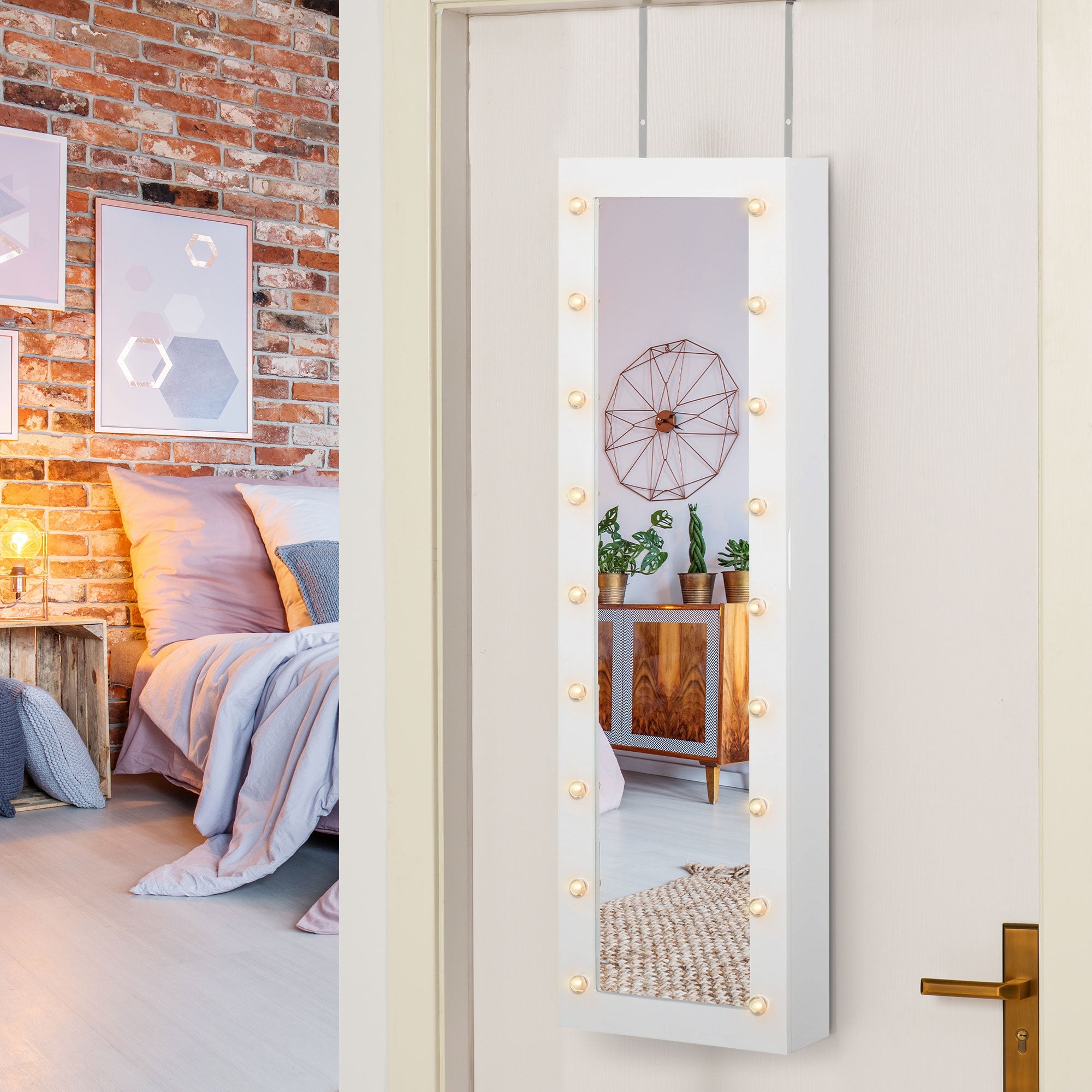 HOMCOM Wall-Mount Jewelry Cabinet: With 18 LED Lights, Mirror, 3 Adjustable Heights, White