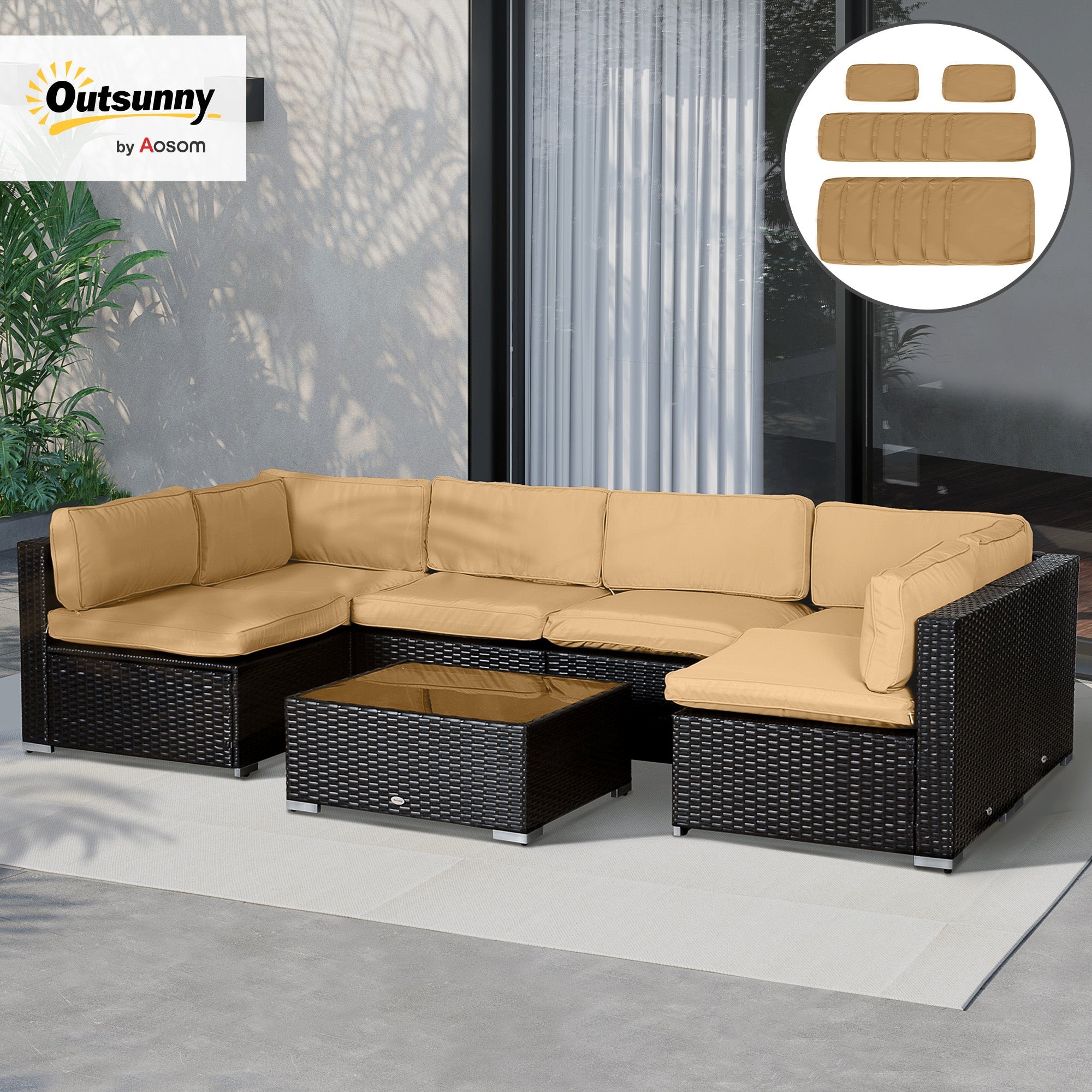 Outsunny 14pc Beige Patio Rattan Sofa Set Outdoor Cushion Cover Replacement Set Polyester Fabric