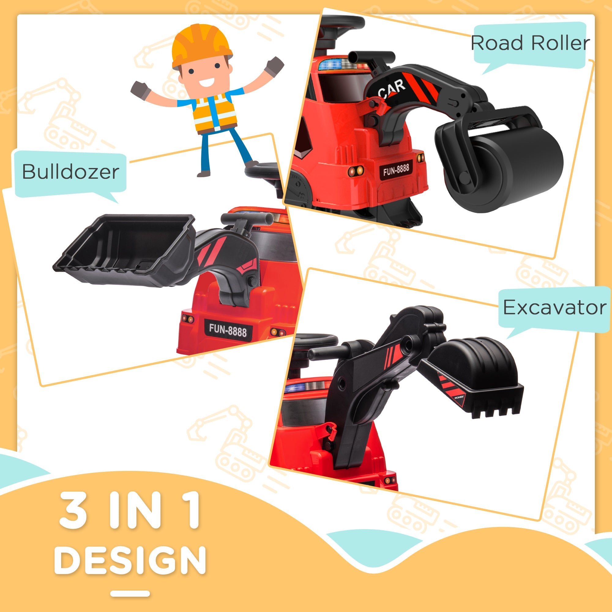 Aosom 3-in-1 Ride On Red Excavator Bulldozer Road Roller with Music Kids Construction Toy Vehicle