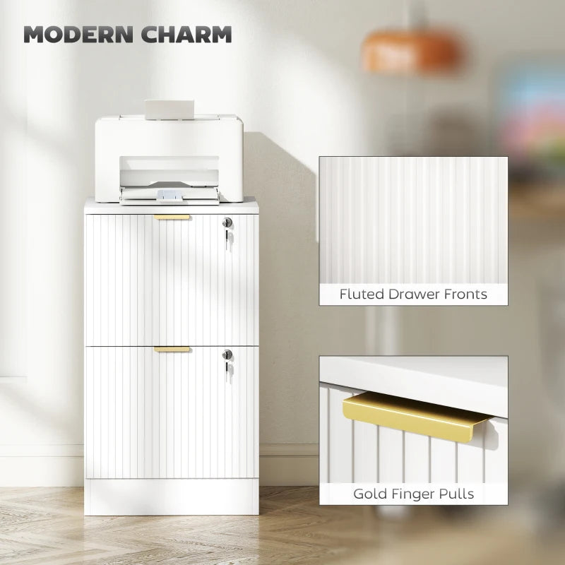 Lockable Filing Cabinet with 2 Fluted Drawers, File Cabinet with Adjustable Hanging Rails for A4 Letter Files, White