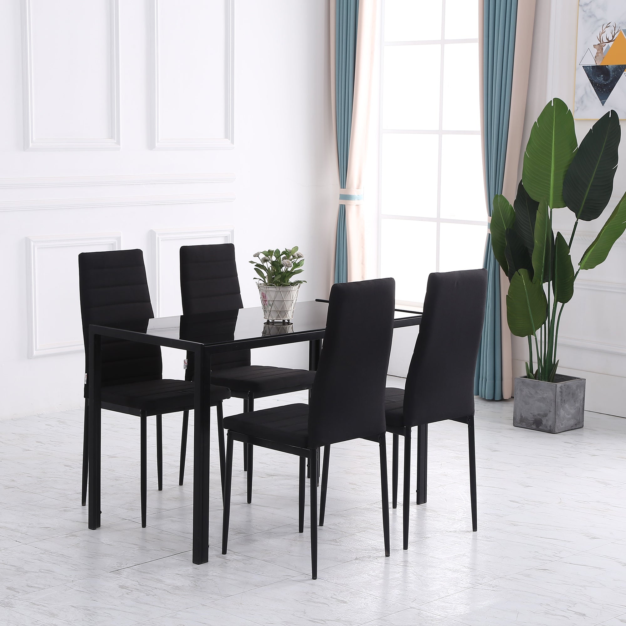 HOMCOM Set of 4 Dining Chairs High Back PU Leather Metal Legs Modern Kitchen Seating Black