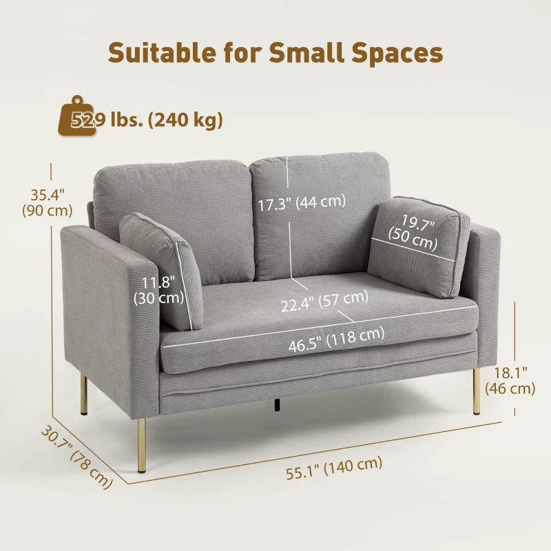 Loveseat Sofa, 55" Small Sofa Couch with 2 Pillows, Metal Legs for Living Room, Bedroom, Apartment, Grey