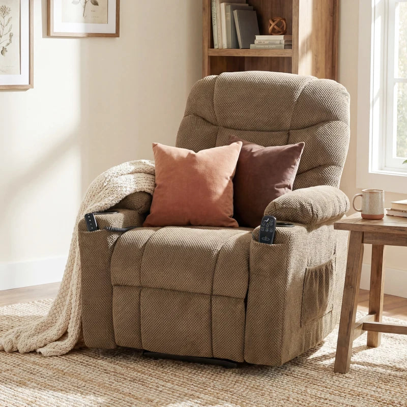 Power Recliner Chair with Massage, Electric Lift Chair for Elderly with Side Pockets, Cup Holders, Remote, Brown