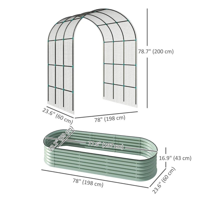Galvanized Raised Garden Beds with Arch Trellis, Metal Planter Box with Climbing Net, Rubber Strap Edging, Open Bottom