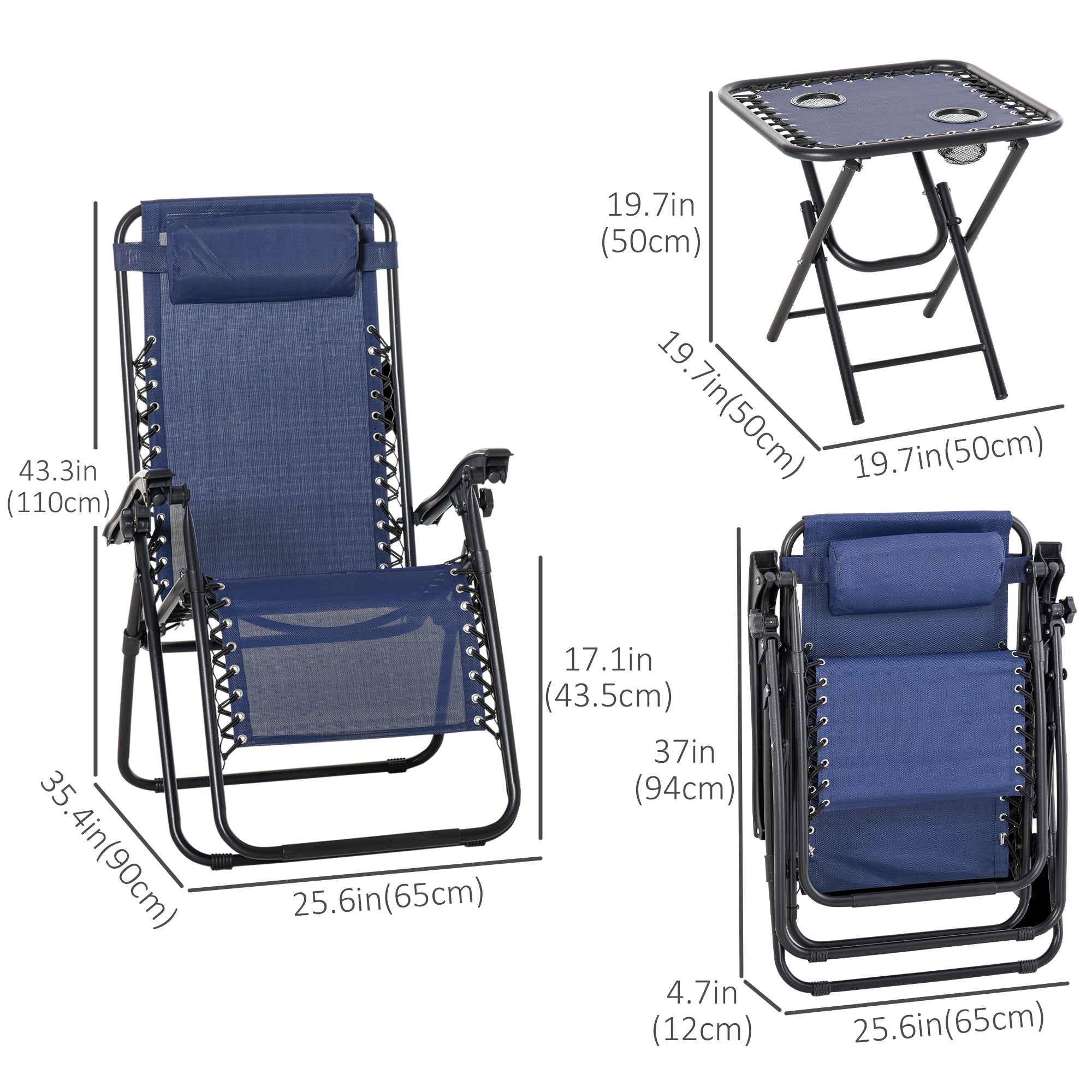 Outsunny 3pcs Zero Gravity Lounger Chair Set Patio Chaise Lounge Side Table Set w/ Cup Holder Blue