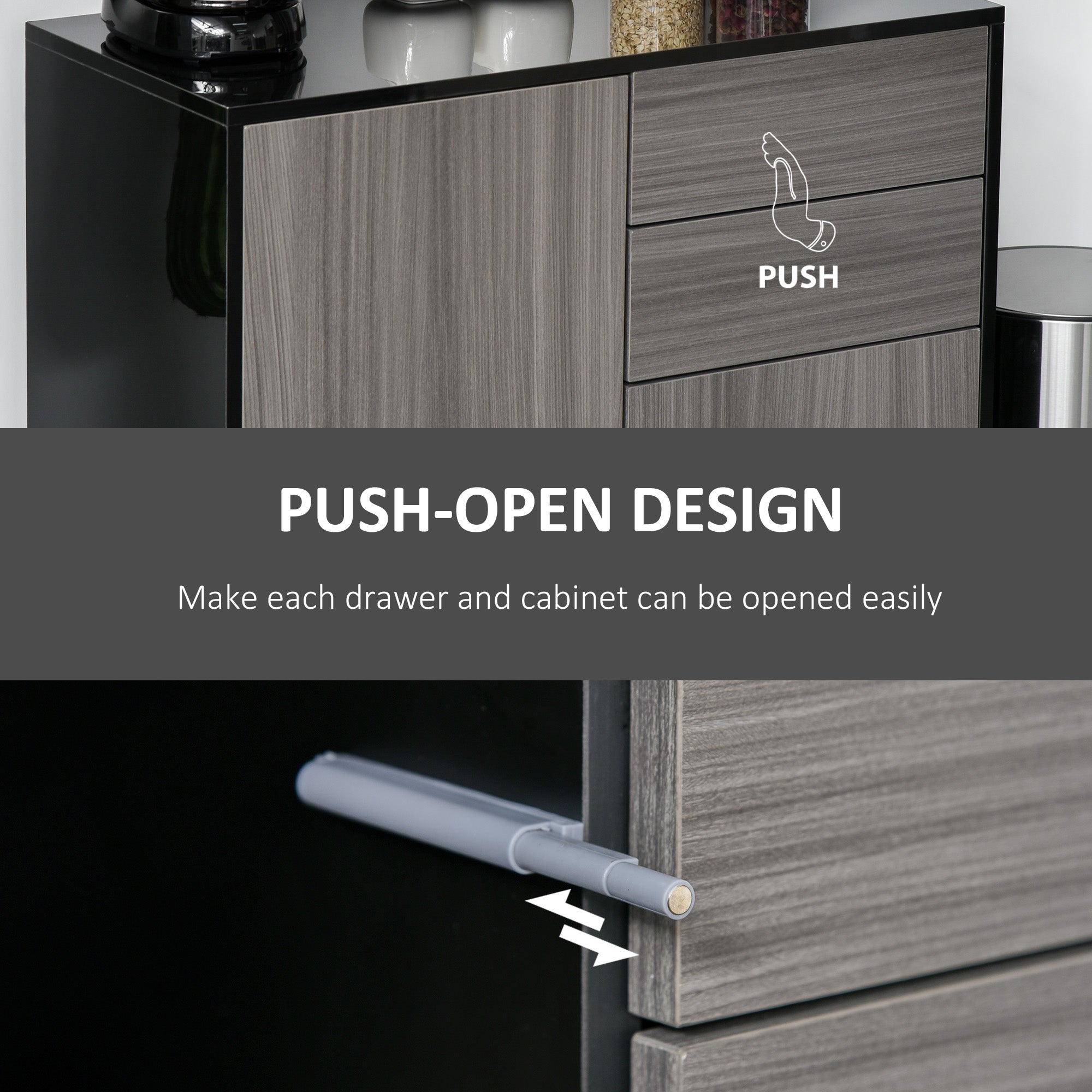 HOMCOM Stylish Buffet Sideboard High Gloss Grey Black Kitchen Storage Cabinet Cupboard with Push Open Design 2 Drawer 2 Doors Shelf