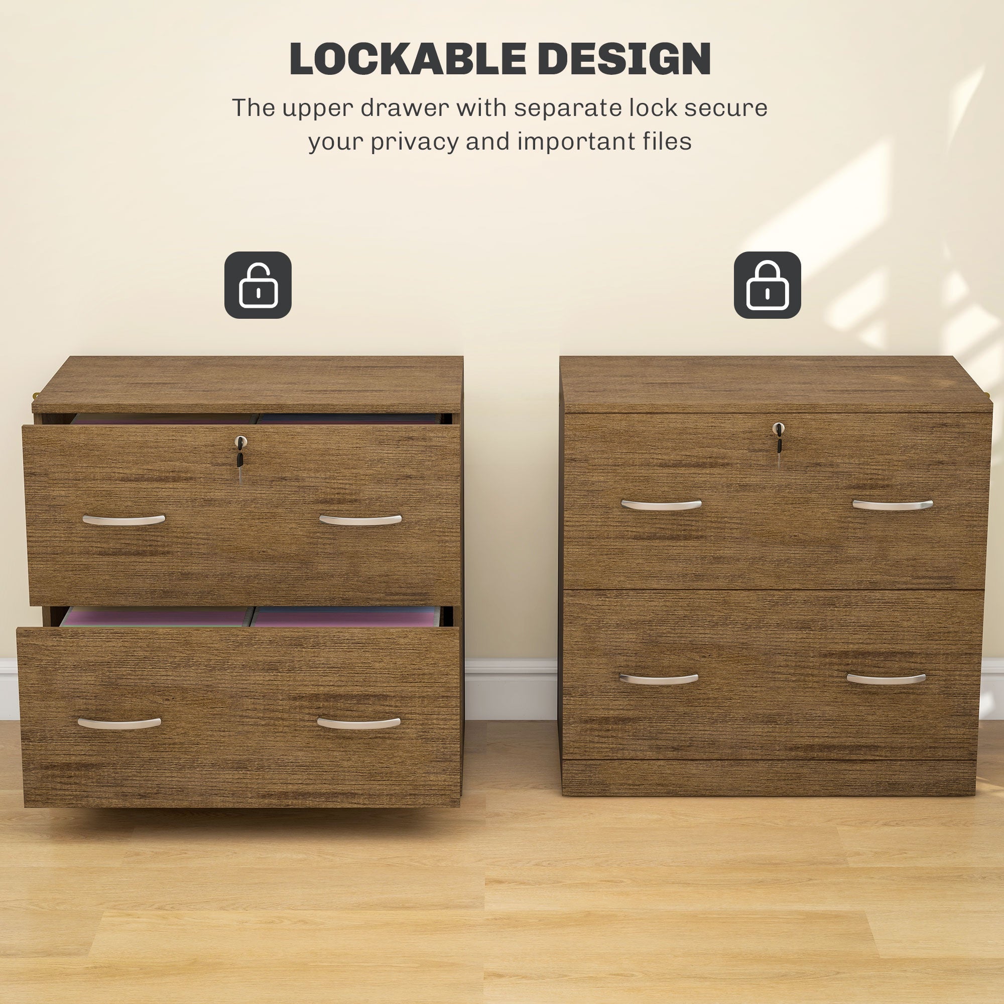 Vinsetto 2 Drawer File Cabinet with Lock, Office Filing Cabinet, Hanging Bar for Letter Size, Home Office, Light Brown