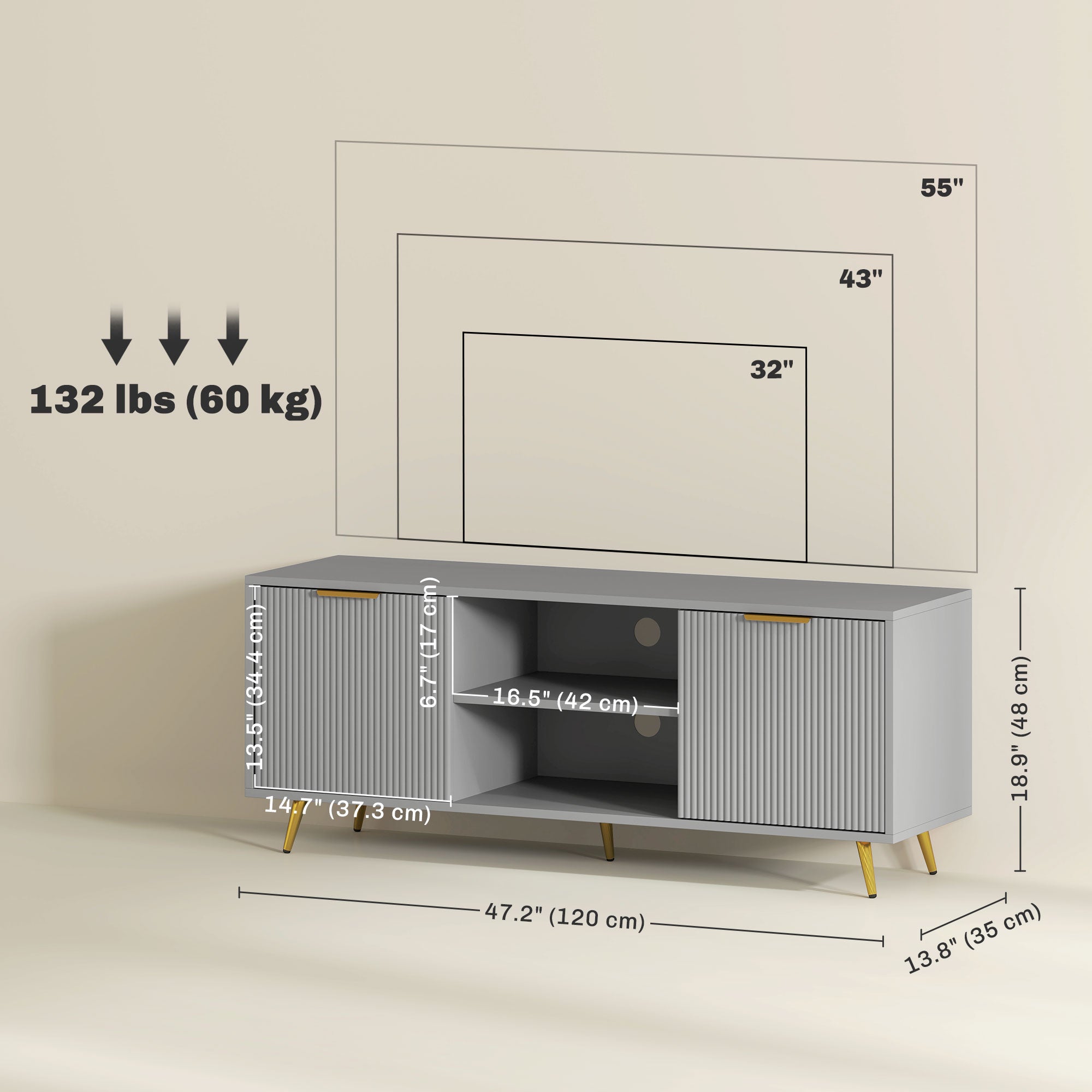 HOMCOM TV Stand with Storage for 55 Inch TV, Modern TV Cabinet with 2 Open Shelves and 2 Cabinets for Living Room, Grey