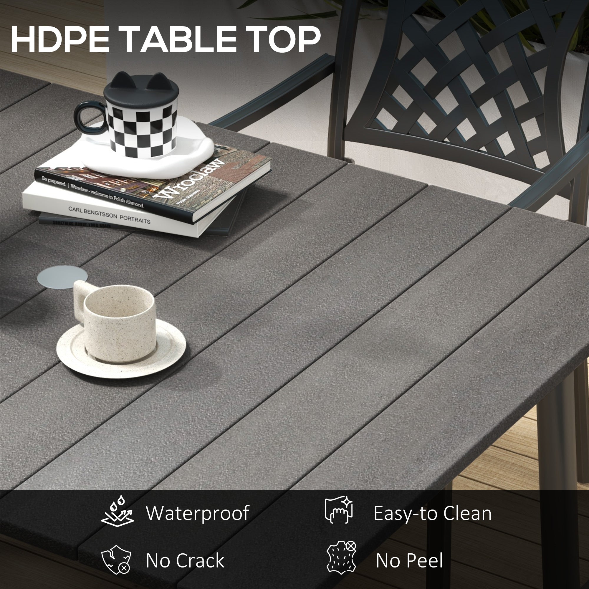 Outsunny 47" Aluminium Outdoor Dining Table with Umbrella Hole & HDPE Slatted Top in Dark Grey for Backyard