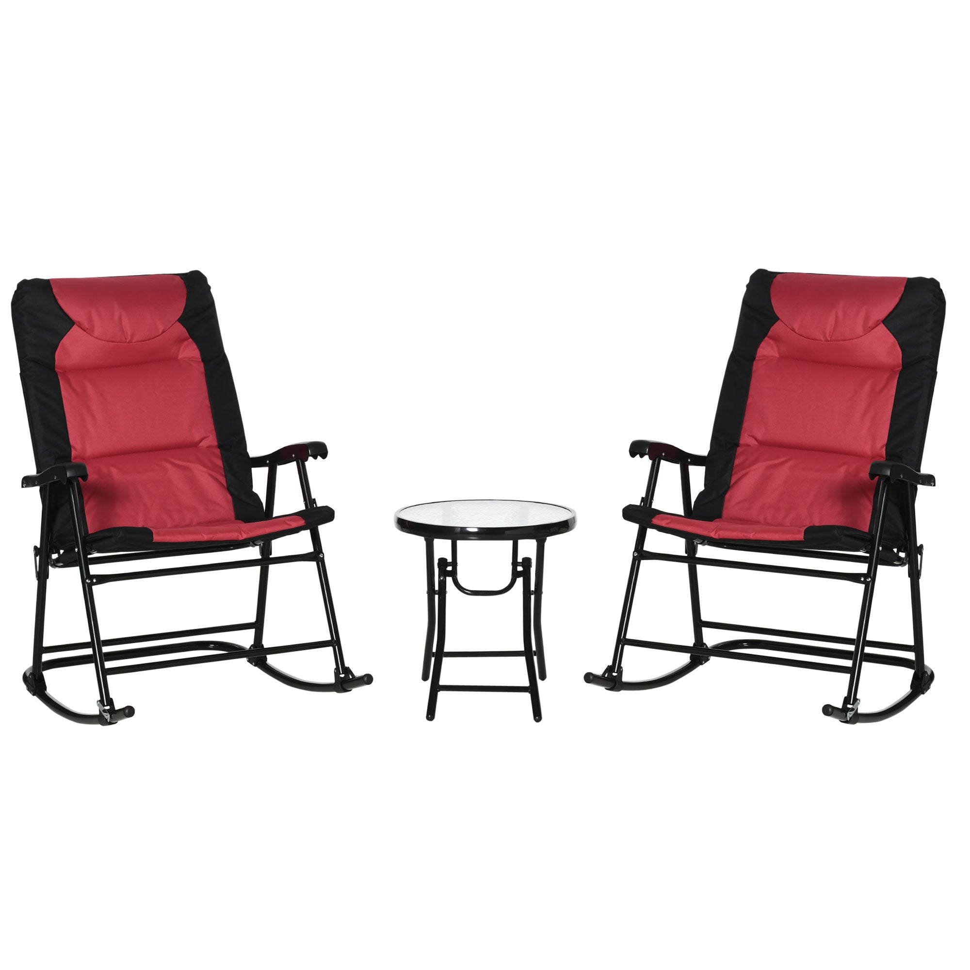 Outsunny 3pc Outdoor Folding Rocking Chair and Table Set Camping Yard Lounger Seat Patio Bistro Set w/ Padded Seat Red