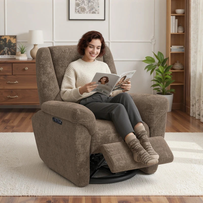 Power Recliner Chair, Fabric Upholstered Recliner Chair with USB Ports, Swivel and Rocking Function, Footrest