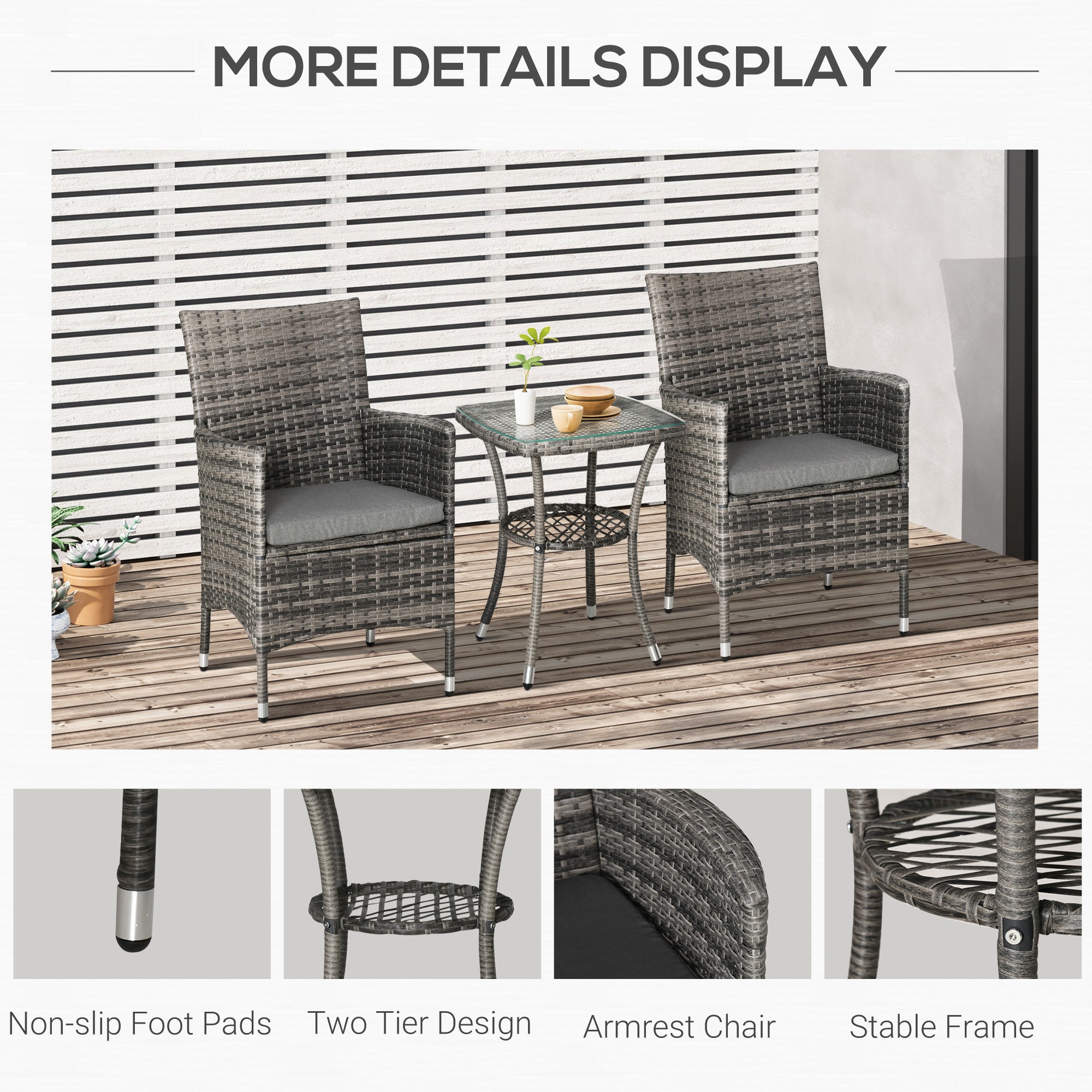 Outsunny Rattan Bistro Set 3PC Grey Armchair Glass Top Coffee Table Outdoor Patio Furniture Wicker Weave Garden Balcony