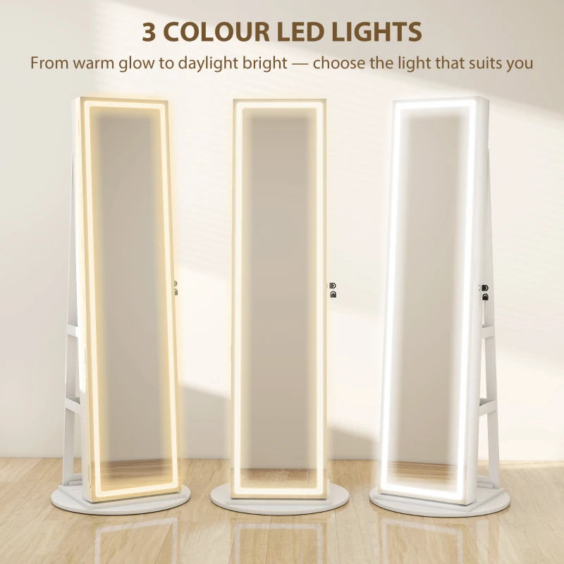 Jewelry Cabinet with Full Length Lockable Mirror, Standing Jewelry Armoire Organizer with LEDs, White